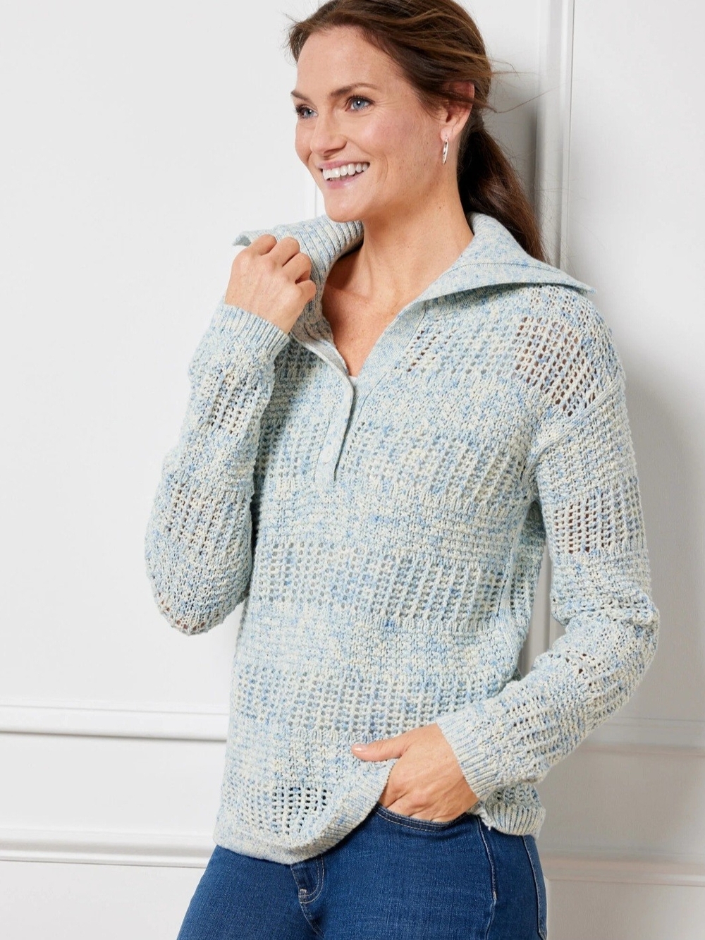 Talbots Open Stitch Sailor Polo Sweater Speckled Blue Plus Size 3X